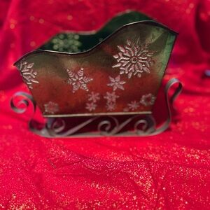 Festive Green metal Christmas sleigh- centrepiece- candies- nuts- potpourri